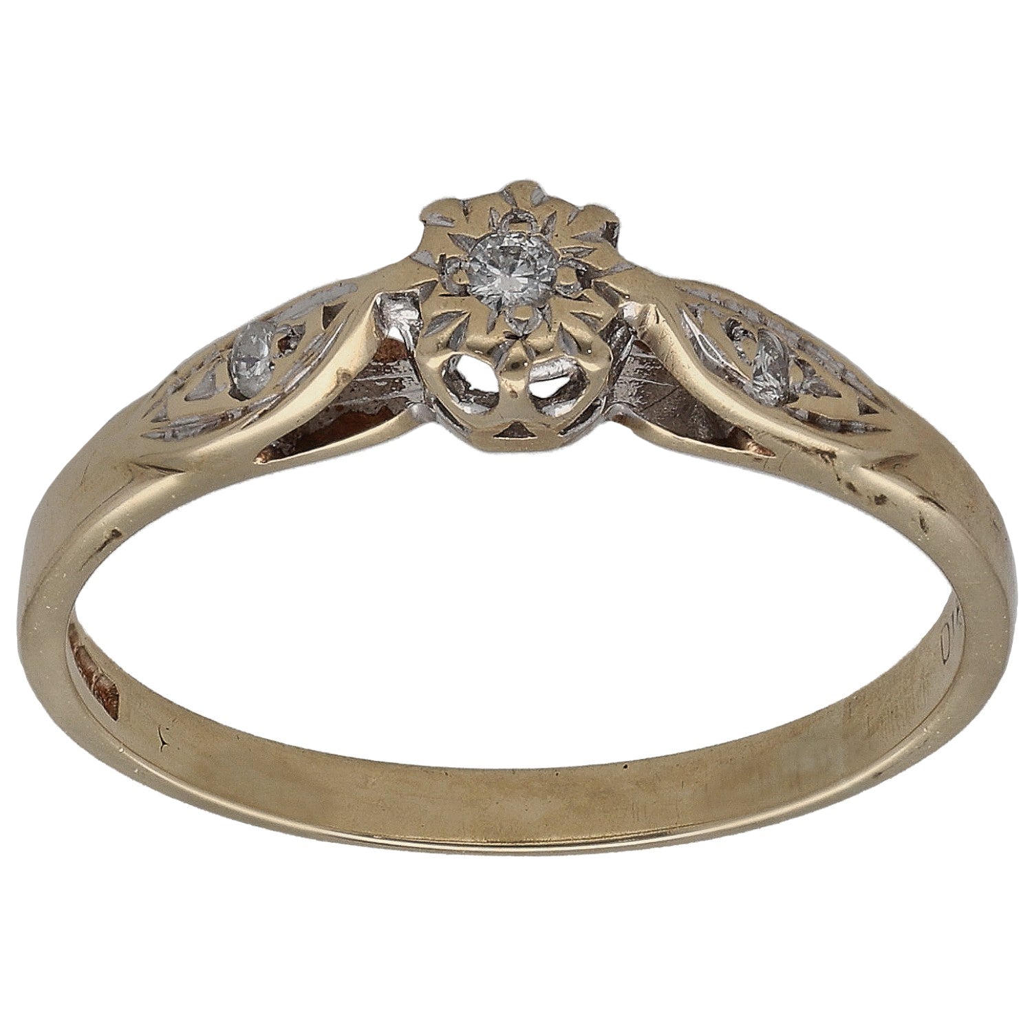 9ct gold solitaire ring with round diamond and small accent stones, size N