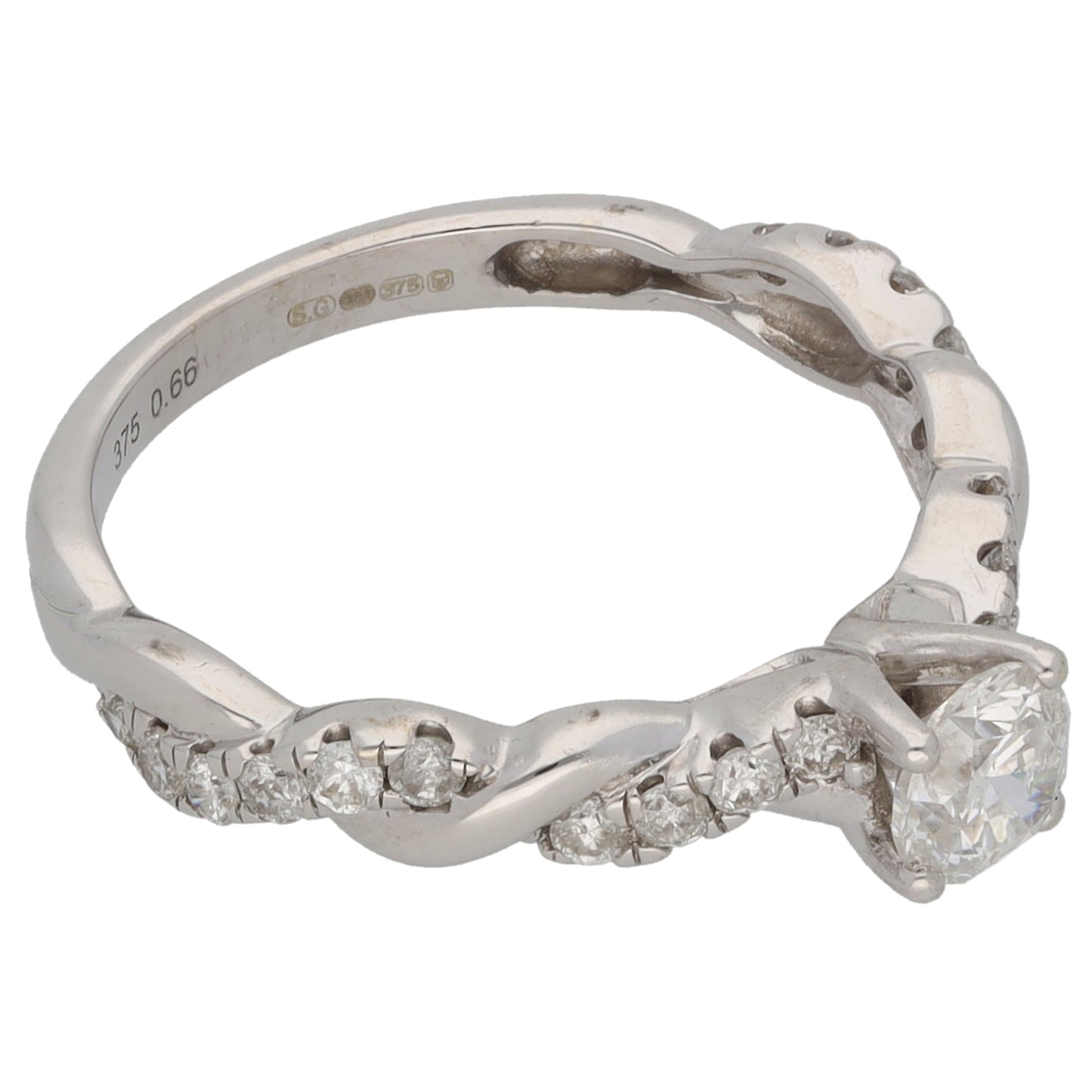 9ct White Gold 0.66ct Diamond Solitaire Ring With Accent Stones Size K