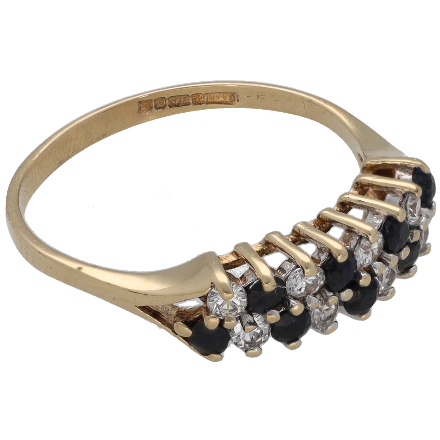 Gold cocktail ring with black and clear CZ stone cluster on the side
