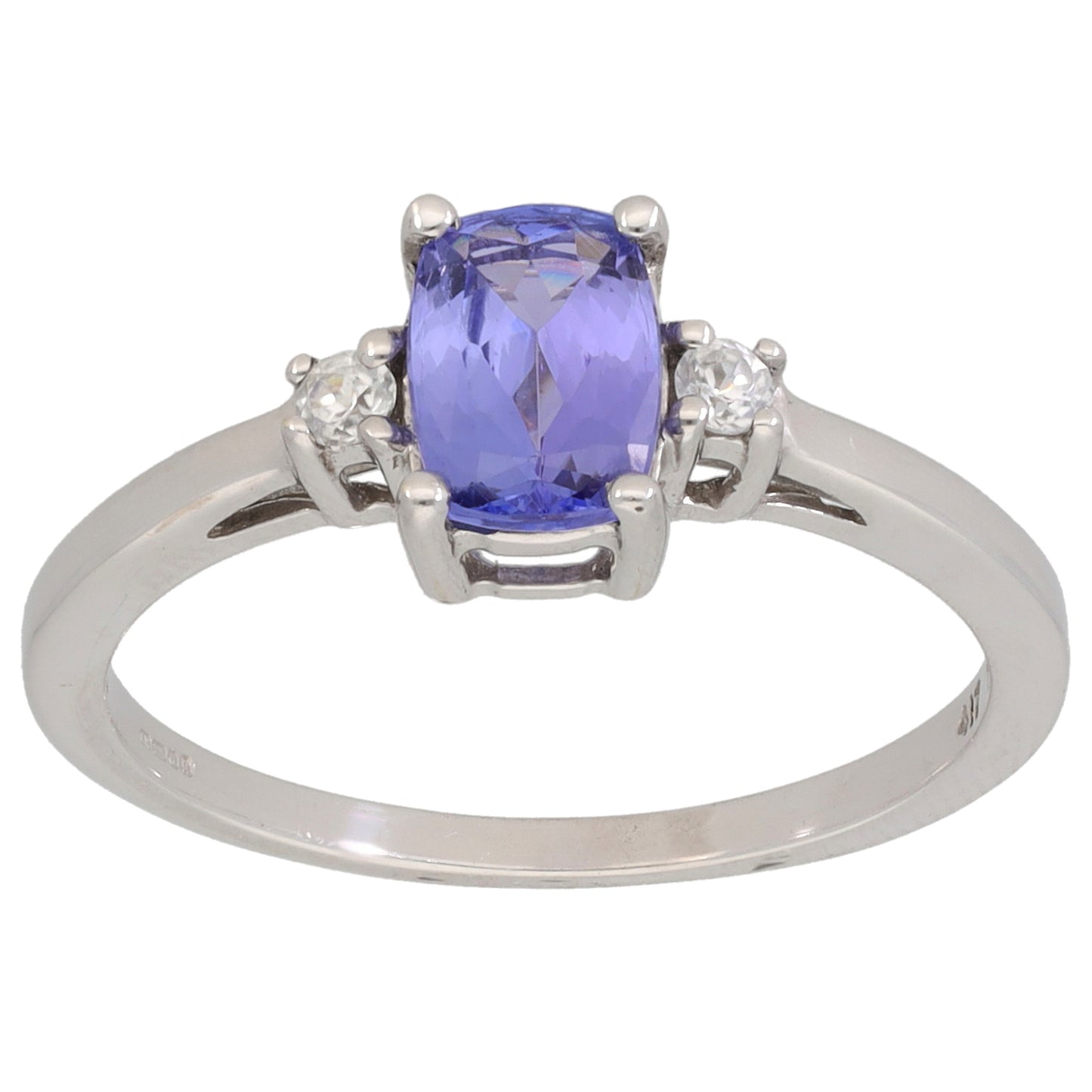 9ct White Gold Tanzanite & Cubic Zirconia Single Stone Ring with Accent Stones Size N