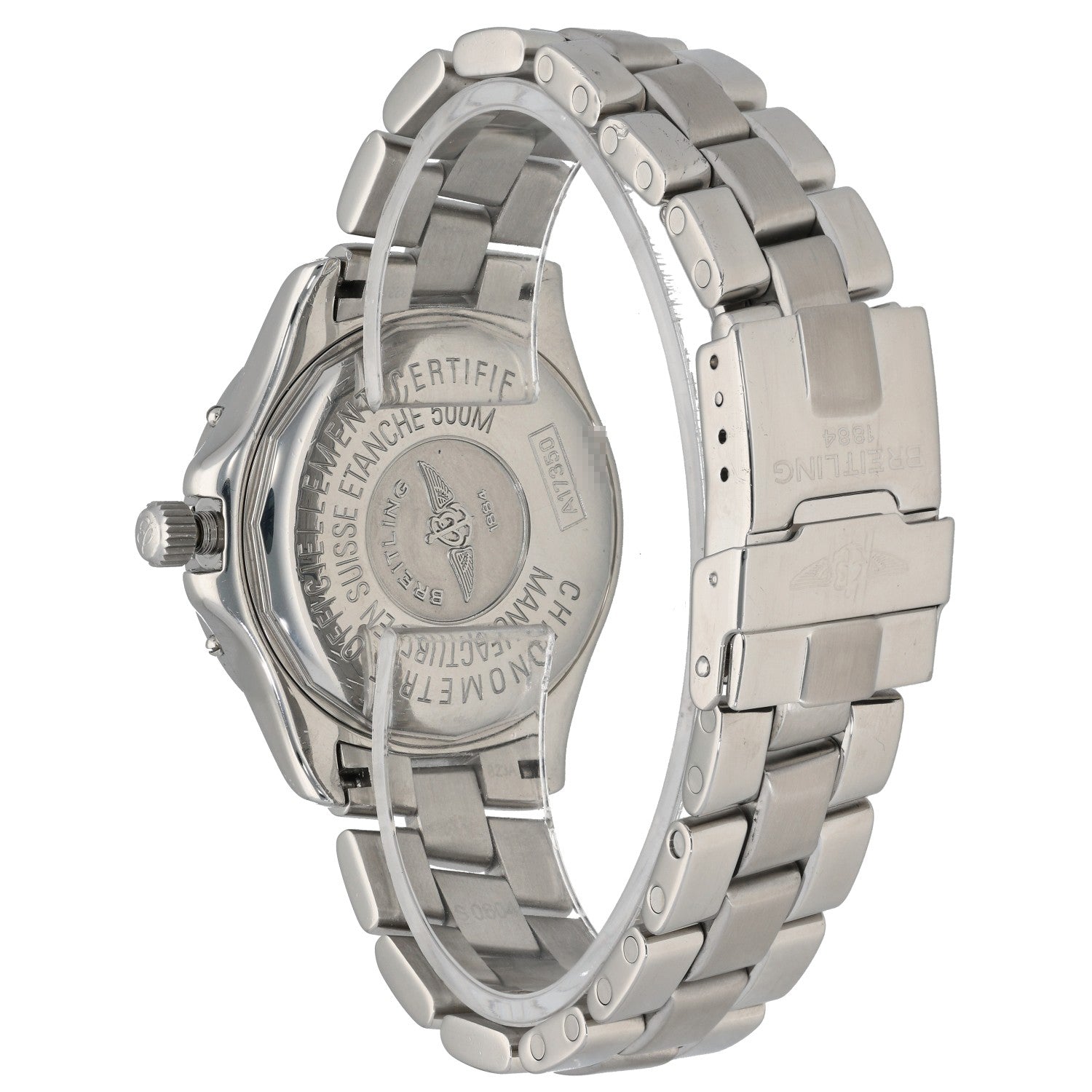 Breitling Colt A17350 stainless steel watch case back with engraved text and linked bracelet
