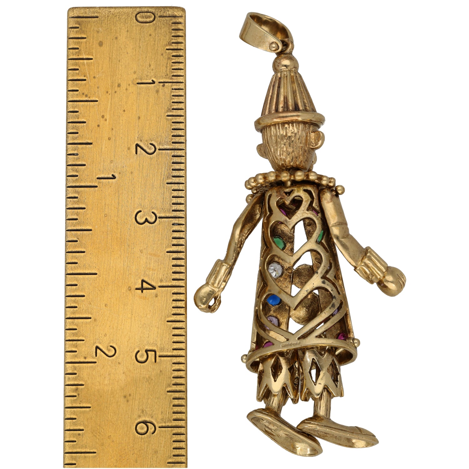 Gold-tone clown doll character pendant, openwork torso with colorful stone details