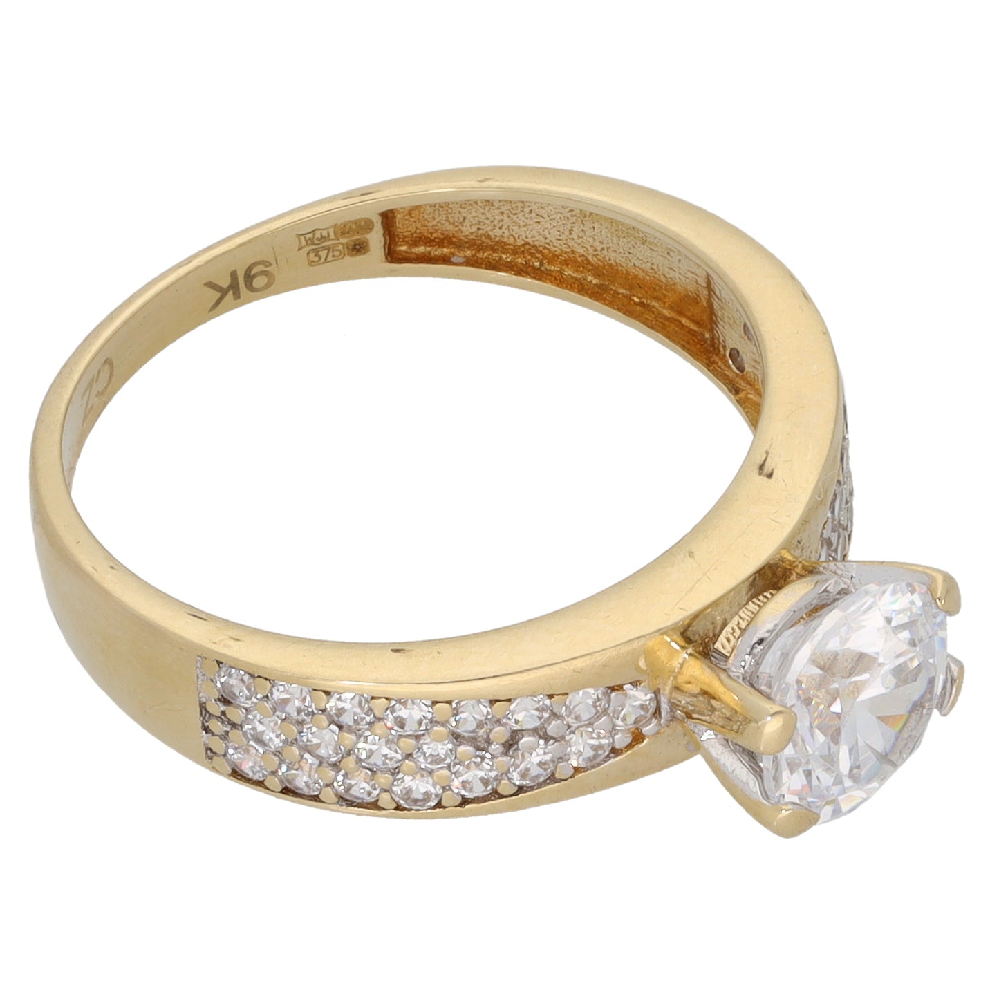 9ct Gold Cubic Zirconia Single Stone Ring with Accent Stones Size N