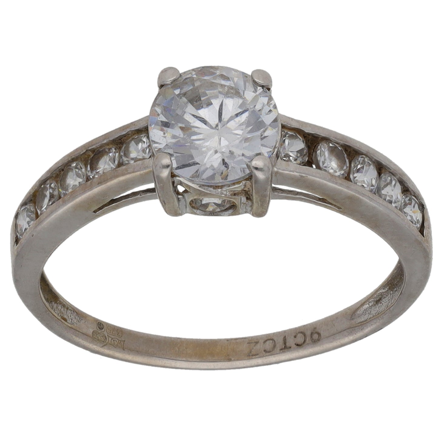 9ct White Gold Cubic Zirconia Single Stone Ring with Accent Stones Size M