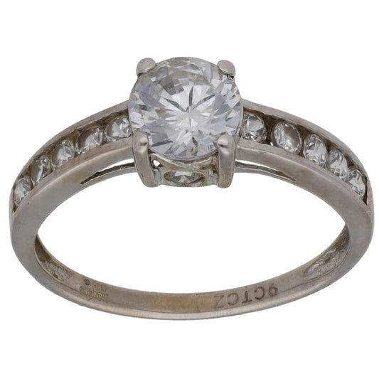 9ct White Gold Cubic Zirconia Single Stone Ring with Accent Stones Size M