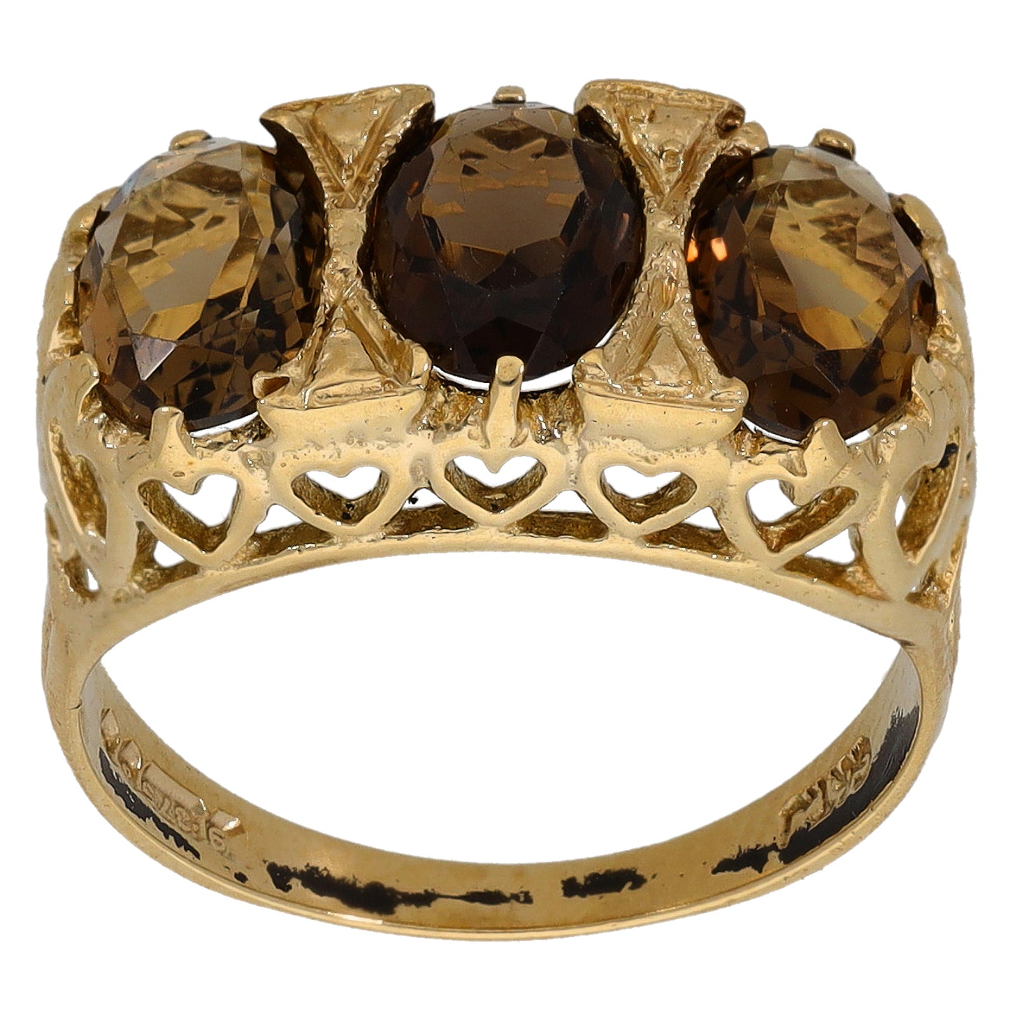 9ct Gold Smoky Quartz Three Stone Ring Size L