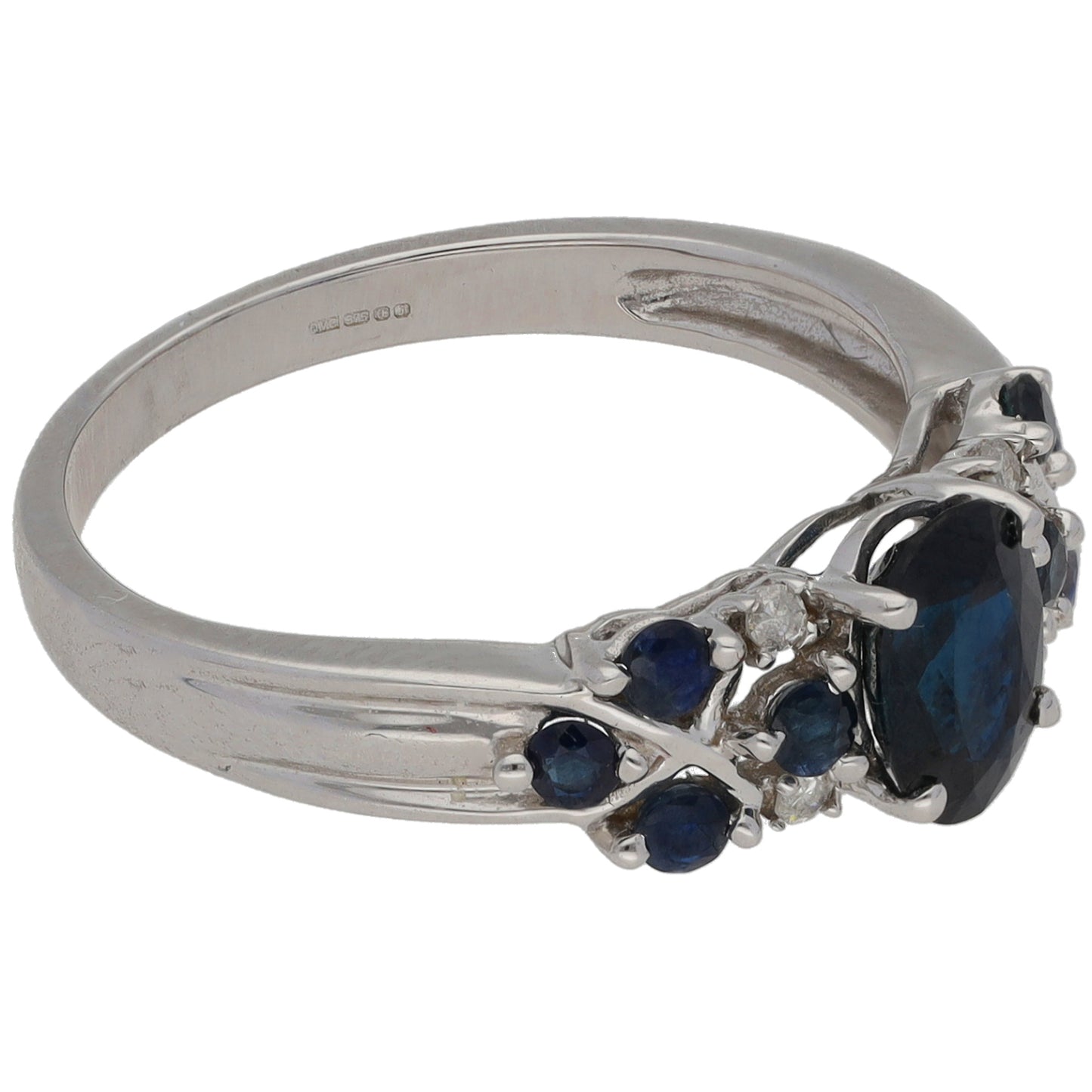 9ct White Gold Sapphire & 0.04ct Diamond Dress/Cocktail Ring Size M