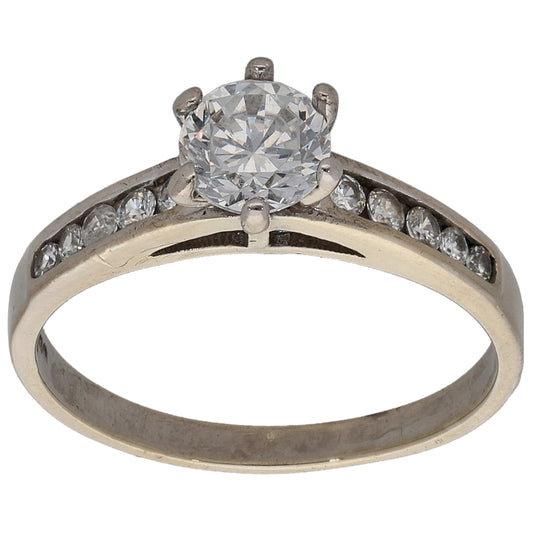 9ct White Gold Cubic Zirconia Single Stone Ring with Accent Stones Size N