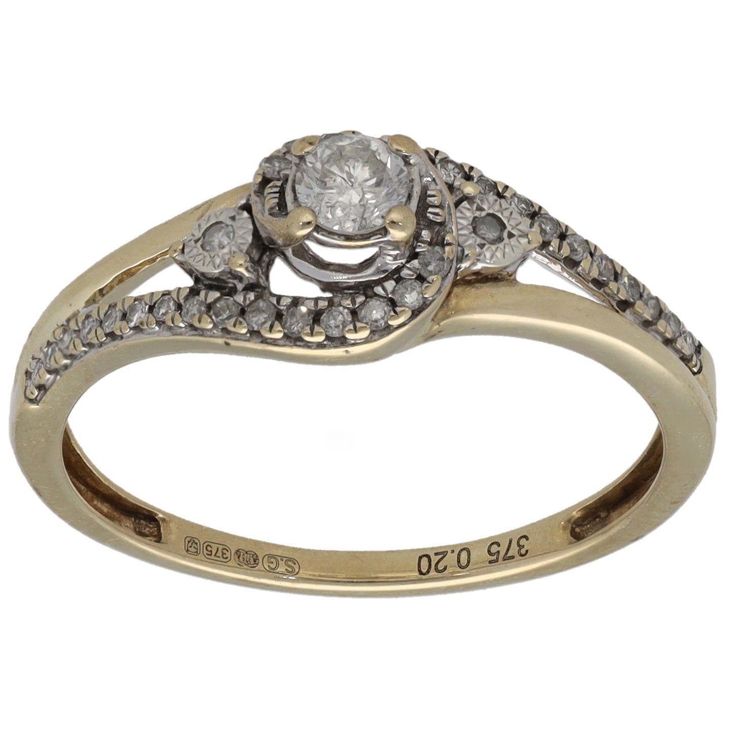 9ct Gold 0.20ct Diamond Solitaire Ring With Accent Stones Size L