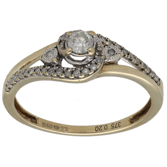 9ct Gold 0.20ct Diamond Solitaire Ring With Accent Stones Size L
