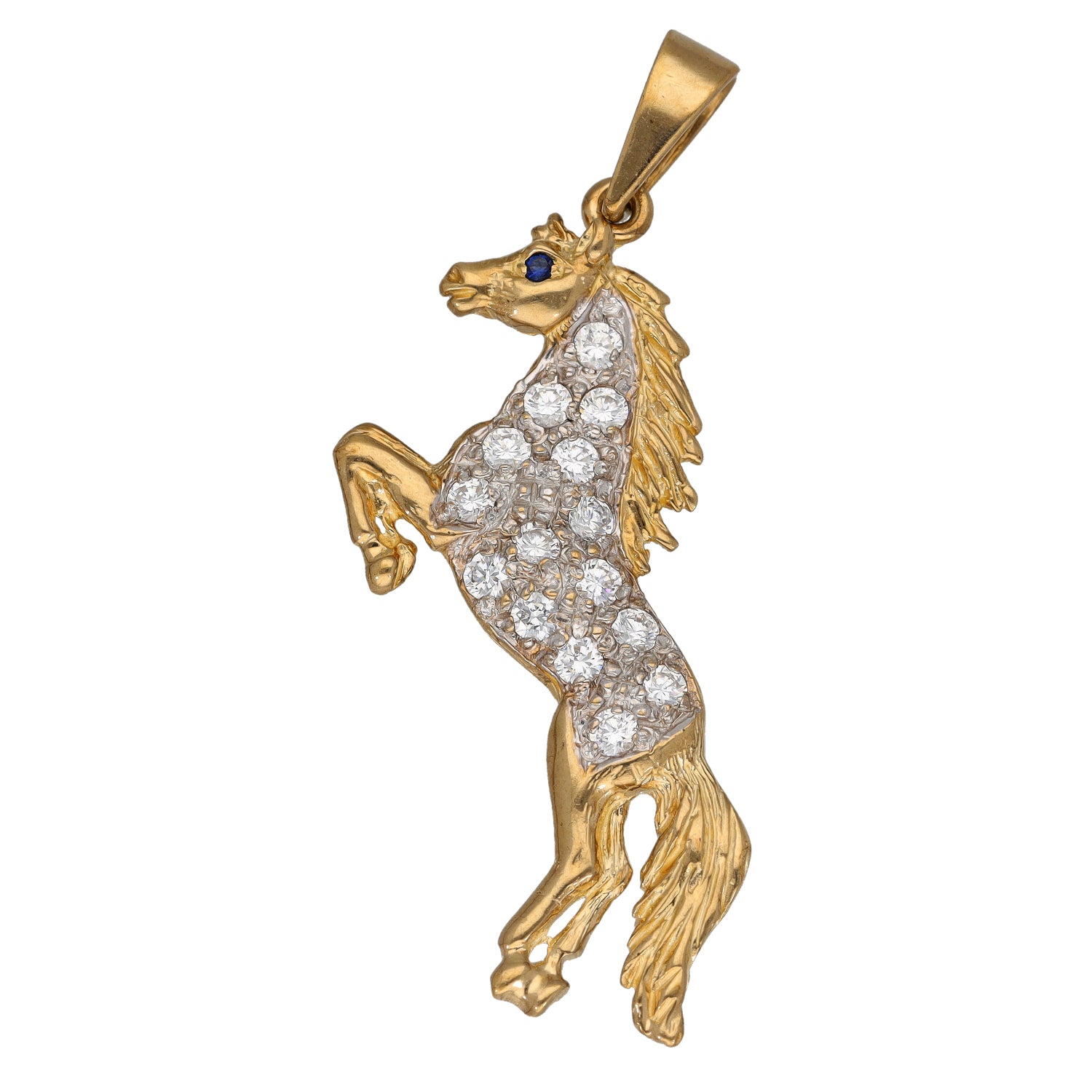Gold-tone horse animal pendant with clear stones and blue enamel accents