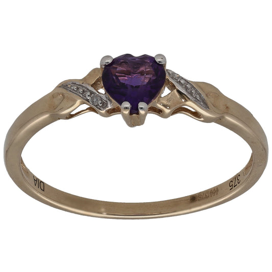 9ct Gold Amethyst & 0.01ct Diamond Single Stone Ring With Accents Size R