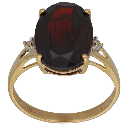 9ct Gold Garnet & 0.02ct Diamond Single Stone Ring With Accents Size M
