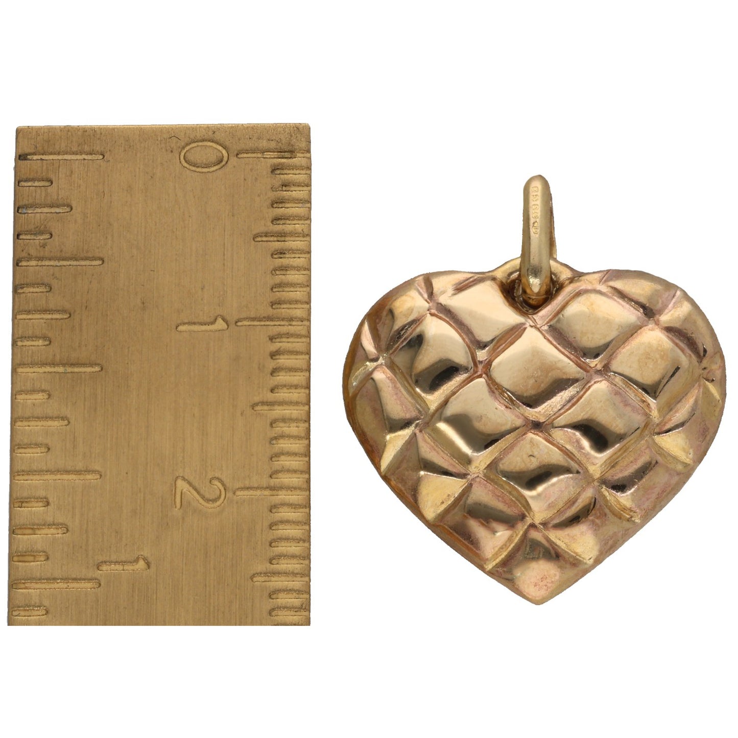 9ct gold small heart pendant with raised diamond texture and top loop bail