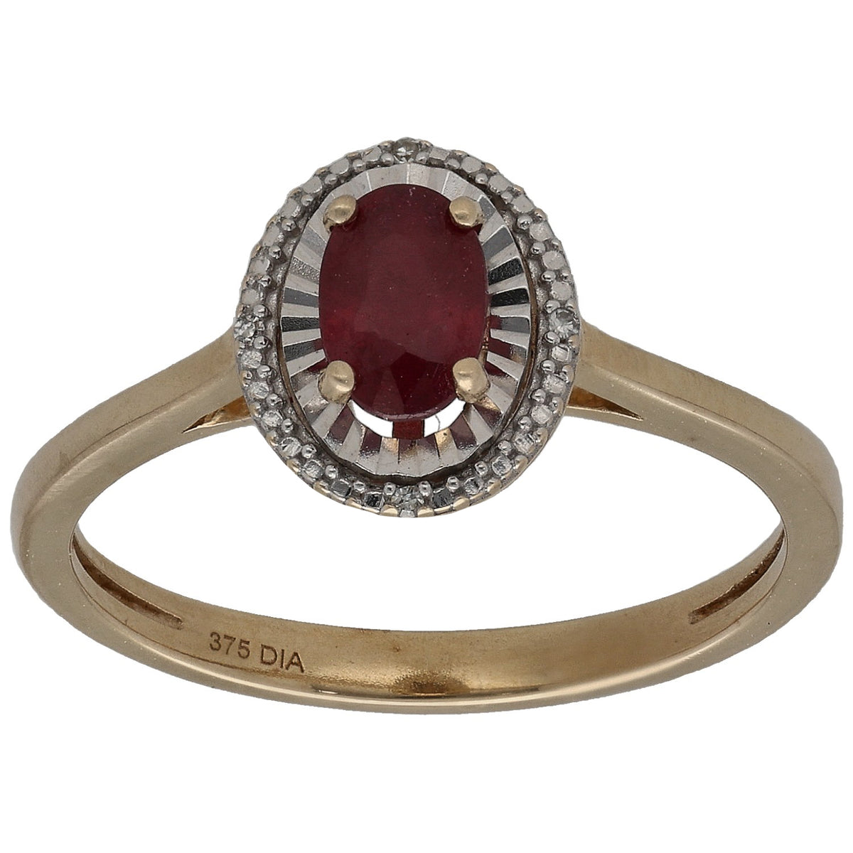9ct gold ruby solitaire ring with diamond halo and oval ruby center