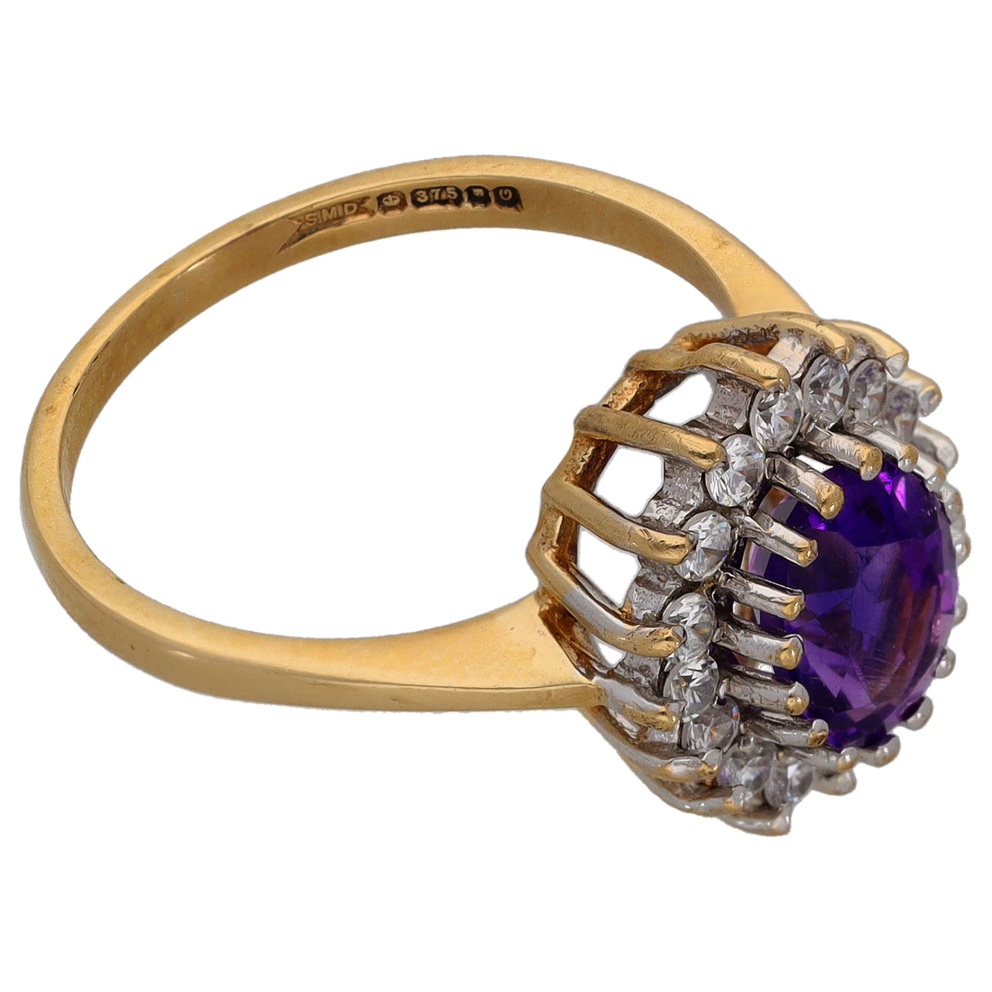 9ct Gold Amethyst & Cubic Zirconia Cluster Ring Size O
