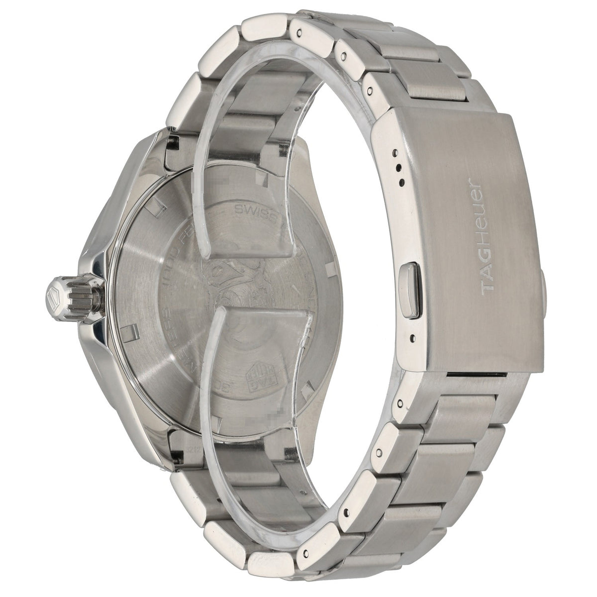 Tag Heuer Aquaracer WBD1110, black dial in stainless steel case and bracelet, with crown rear angle showing case back and clasp