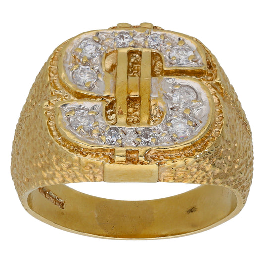 9ct Gold Cubic Zirconia Dollar Sign Ring Size T