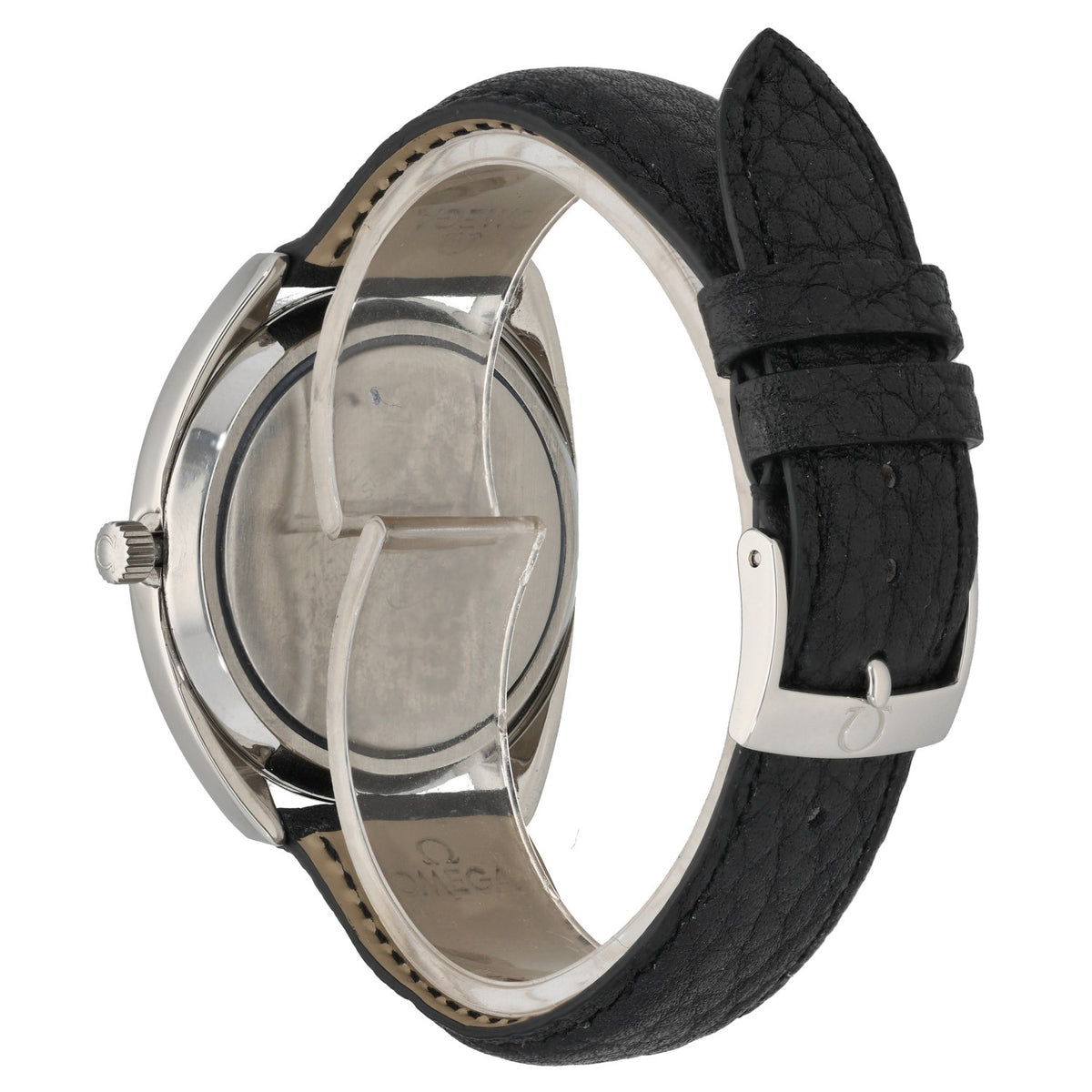 Omega Seamaster Cosmic 2000 ST.166.0130, 38mm stainless steel caseback with adjustable leather bracelet in black, rear angle