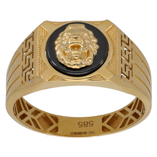 Gold signet ring with black oval bezel and engraved crest, geometric patterned band
