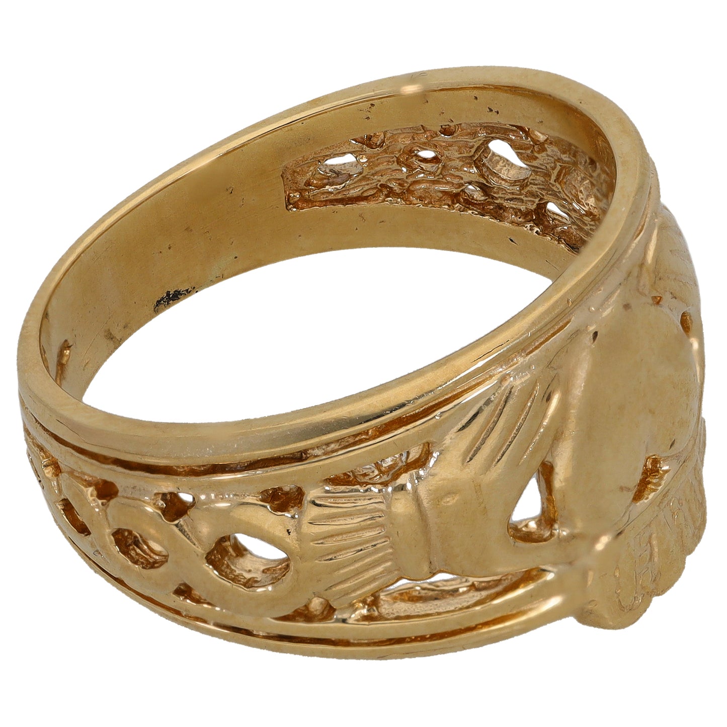 9ct gold ring with raised claddagh figures and openwork side band