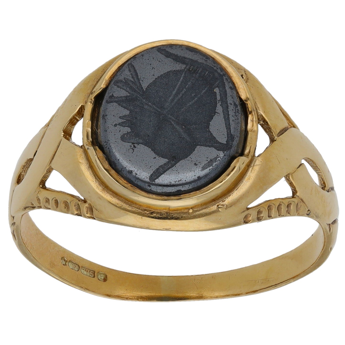 9ct Gold Hematite Crest/Emblem Signet Ring Size V