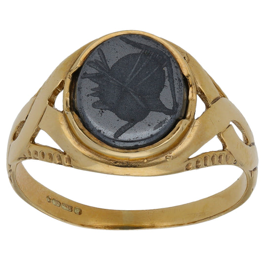9ct Gold Hematite Crest/Emblem Signet Ring Size V