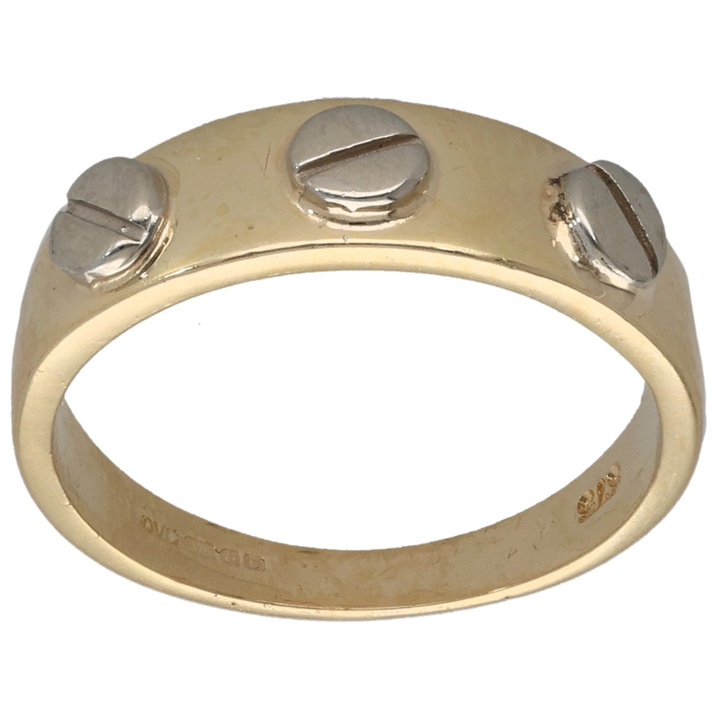 Gold-tone ring, size K, polished band with rounded bezel details
