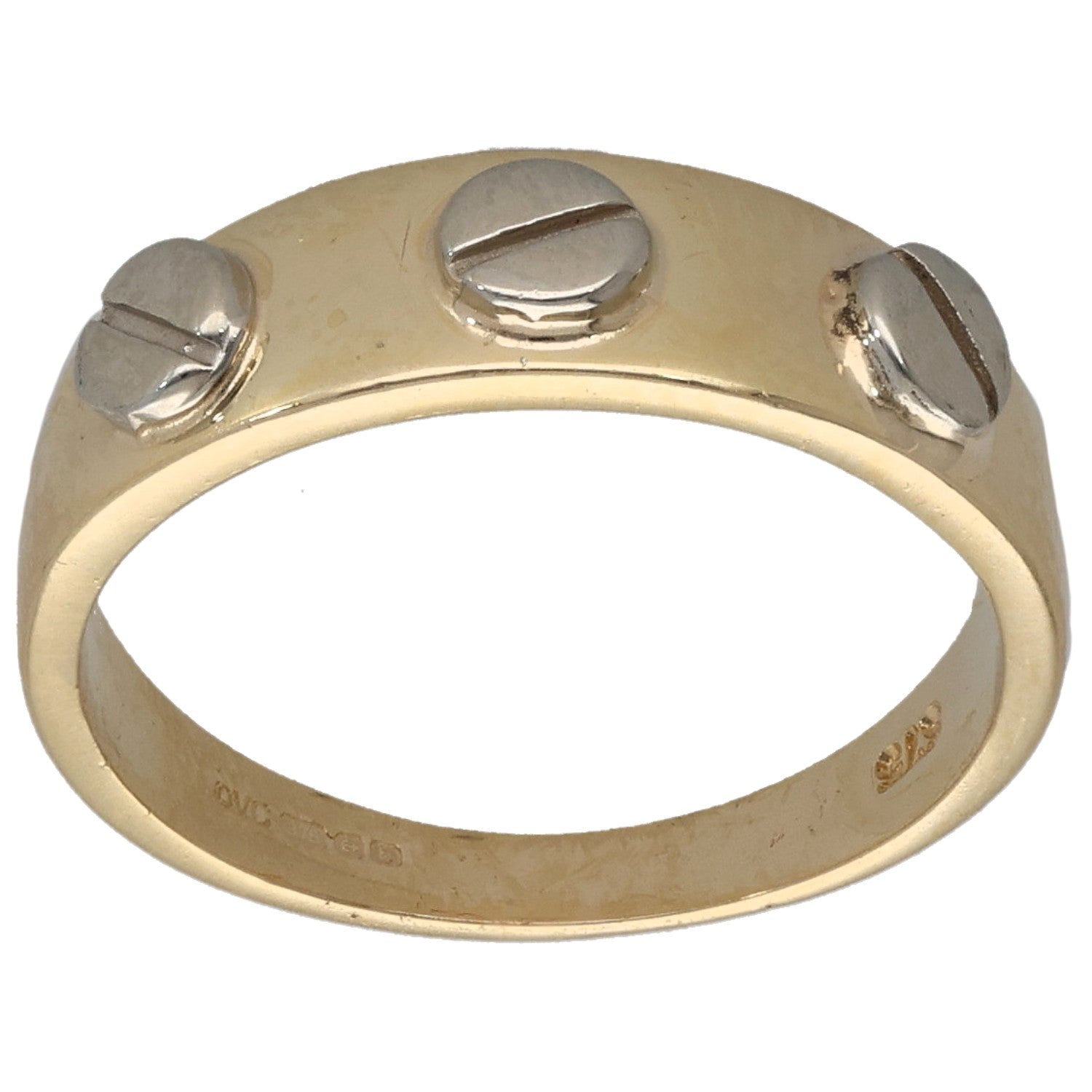 Gold-tone ring, size K, polished band with rounded bezel details