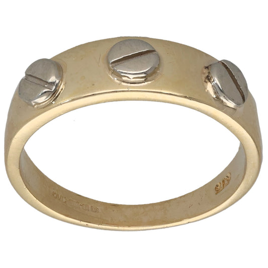 Gold-tone ring, size K, polished band with rounded bezel details