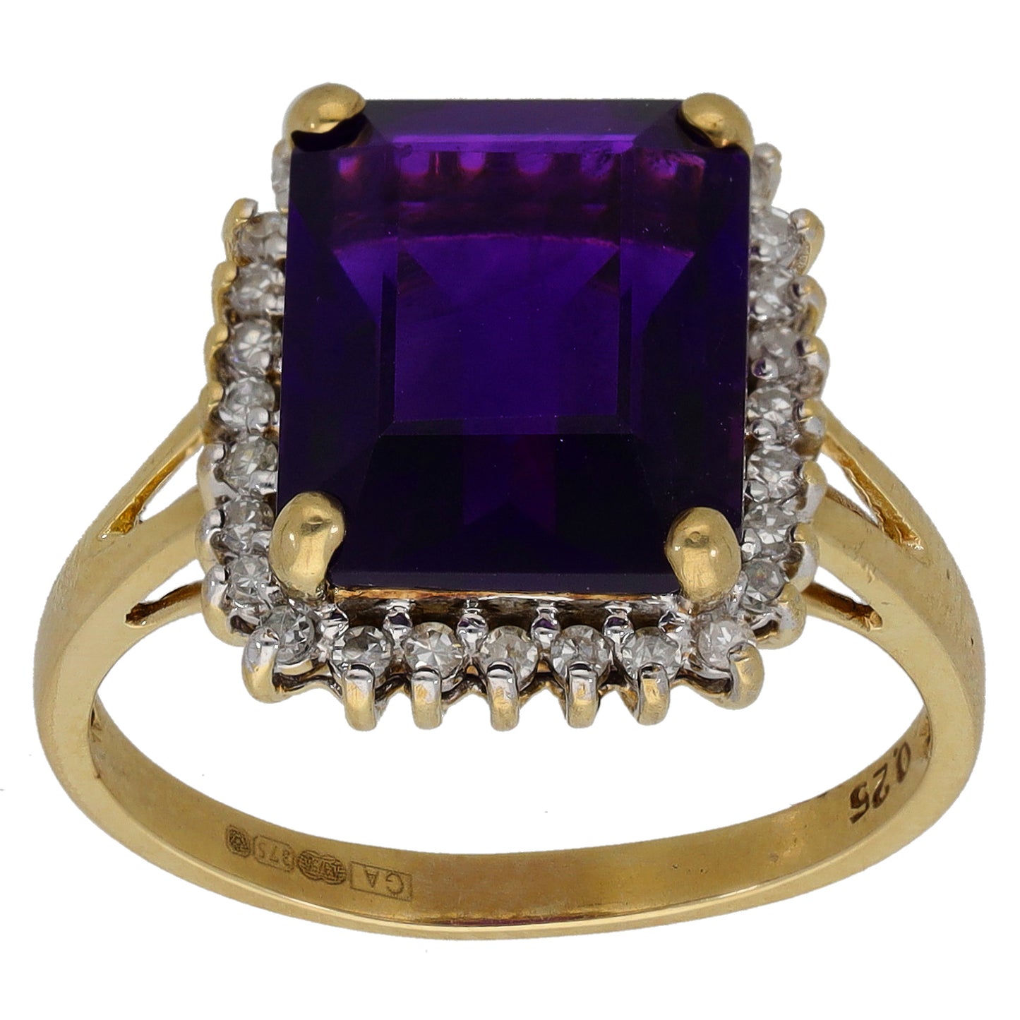 9ct gold ring with square amethyst centerpiece and round diamond border