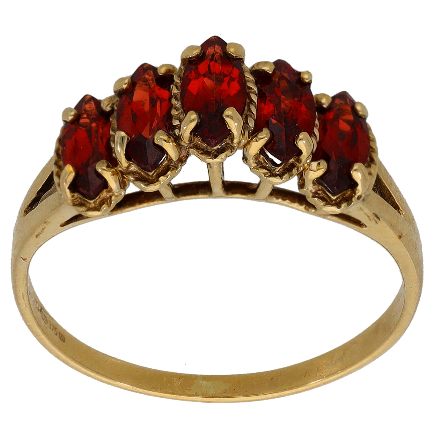 9ct gold garnet cocktail ring with oval red gemstones, five-stone cluster setting