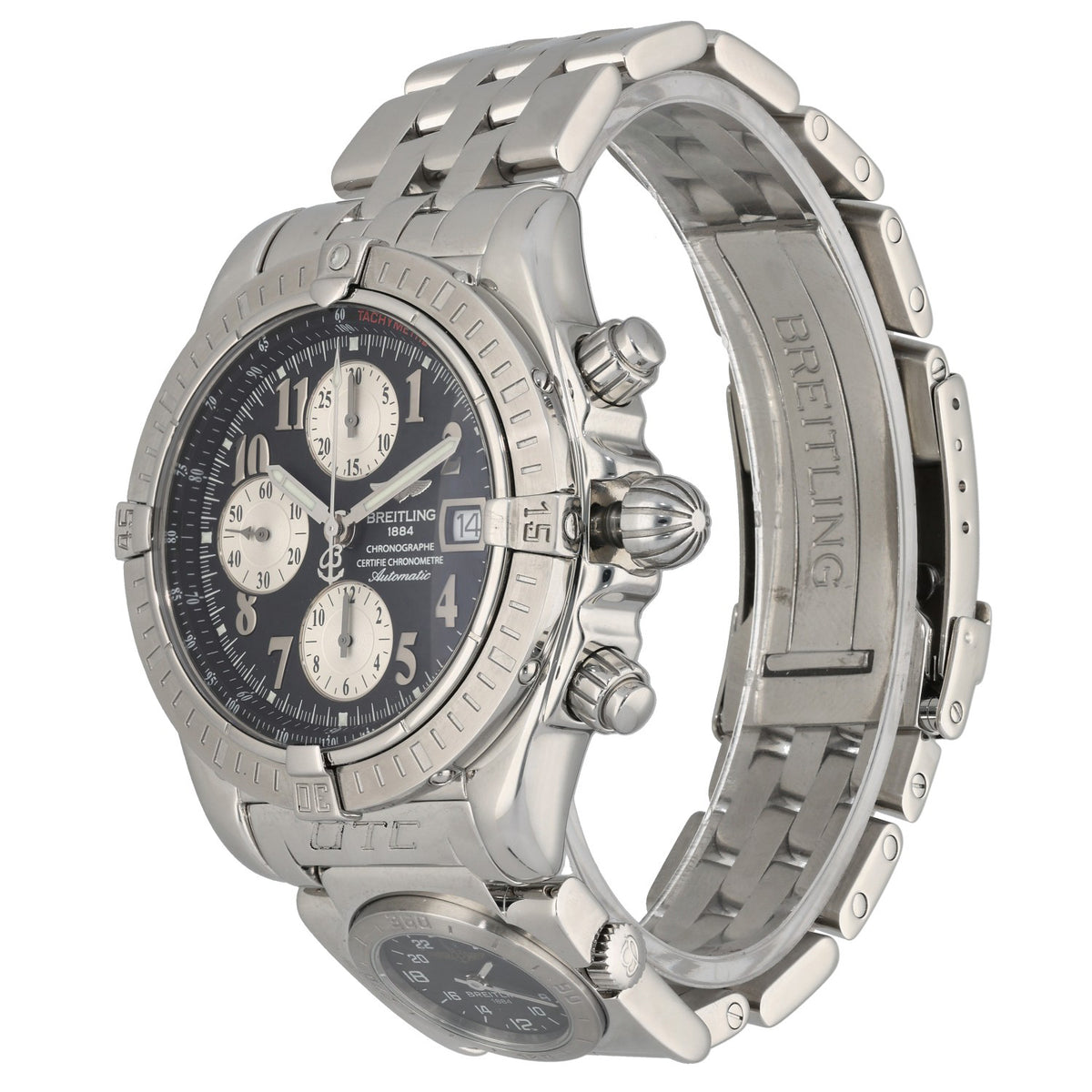 Breitling Chronomat Evolution A13356  Stainless steel watch case with black chronograph dial and side crowns, bracelet