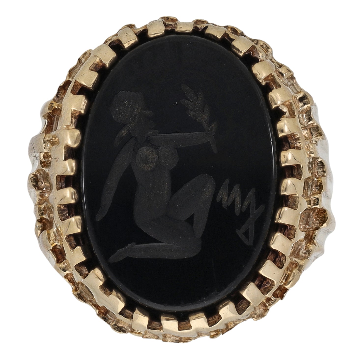 9ct Gold Onyx Crest/Emblem Signet Ring Size M