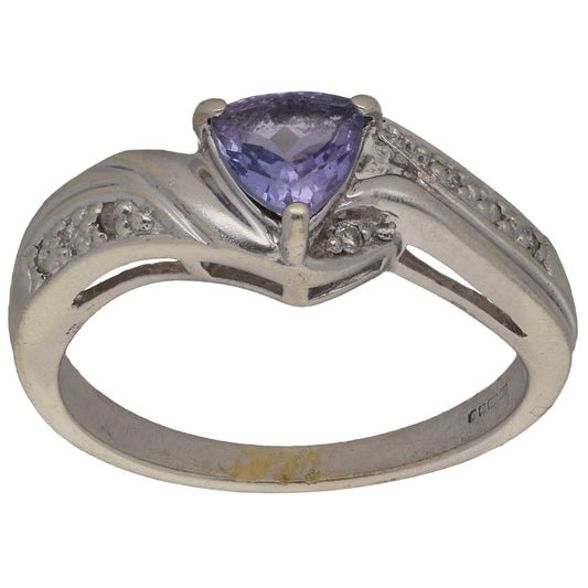 9ct White Gold Tanzanite & 0.035ct Diamond Single Stone Ring With Accents Size N
