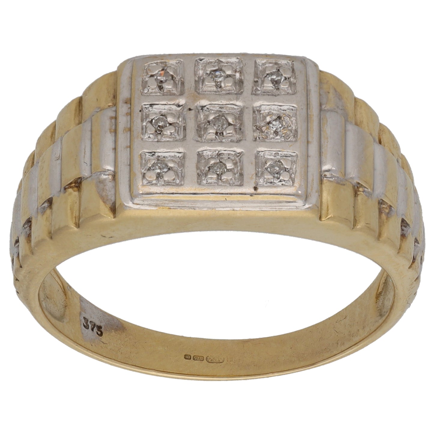9ct Bi-Colour Gold 0.045ct Diamond Patterned Signet Ring Size V