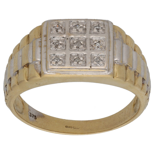9ct Bi-Colour Gold 0.045ct Diamond Patterned Signet Ring Size V