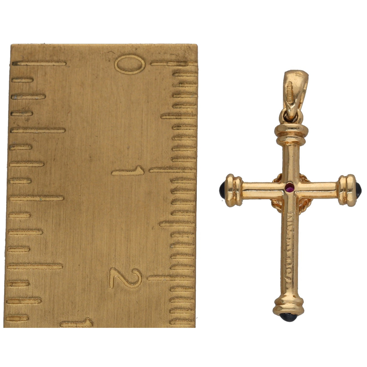 Gold cross pendant with ruby center stone and small diamond accents