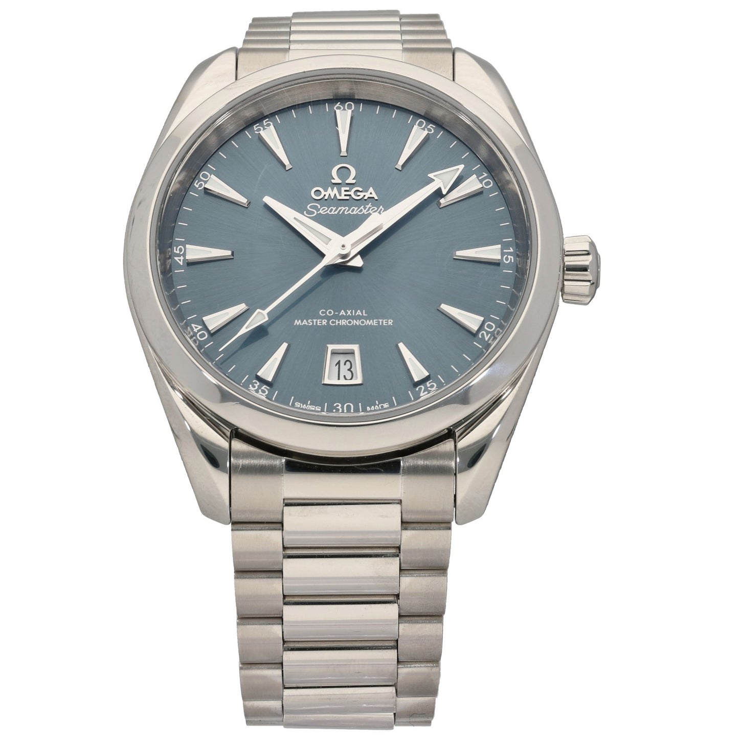38mm stainless steel Omega Seamaster 220.10.38.20.03.003 wristwatch with blue dial, date window, metal bracelet
