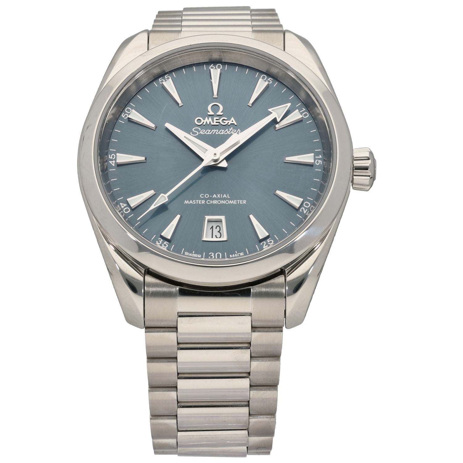 38mm stainless steel Omega Seamaster 220.10.38.20.03.003 wristwatch with blue dial, date window, metal bracelet
