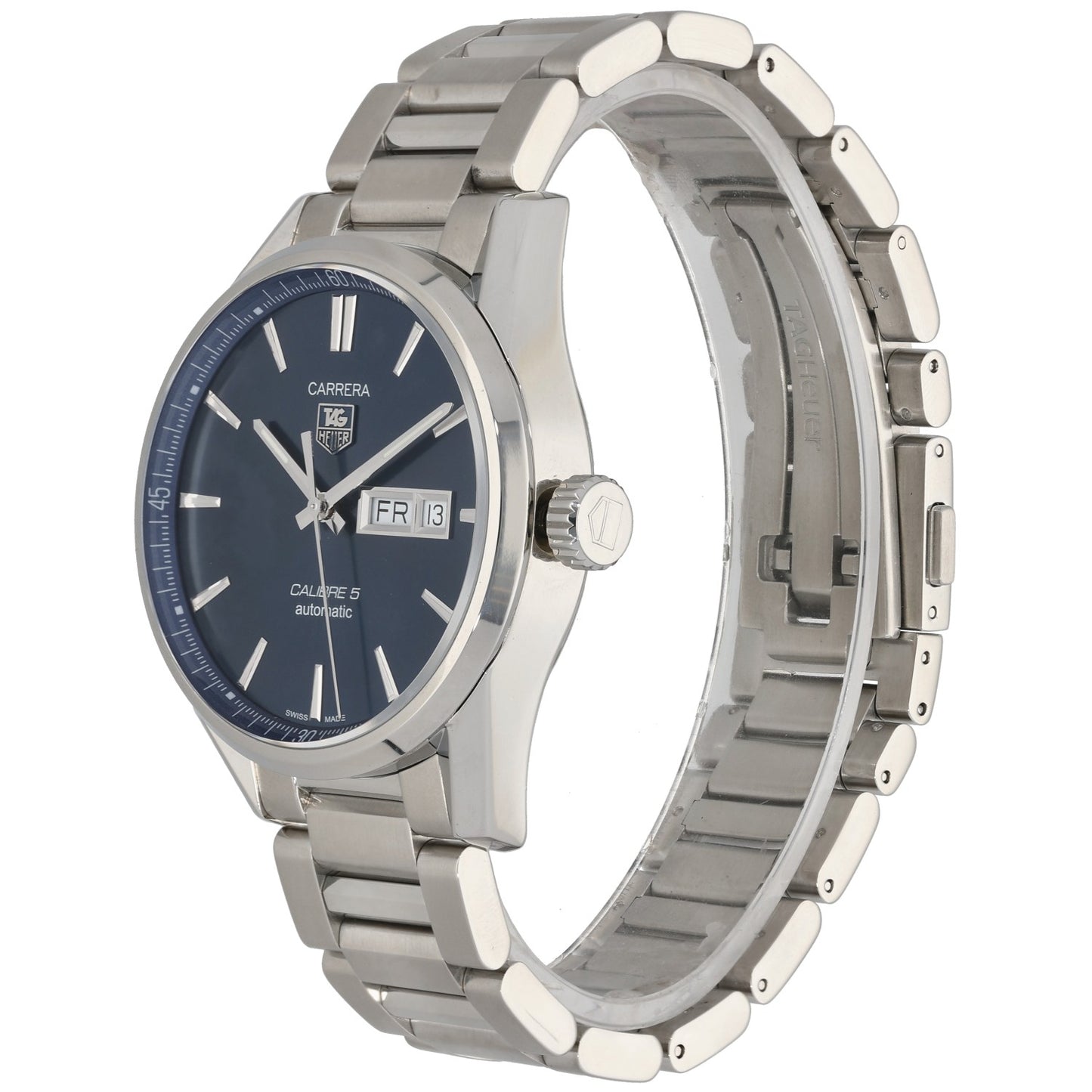 Tag Heuer Carrera WAR201E Stainless steel bracelet watch with blue dial and side crown, three-quarter view