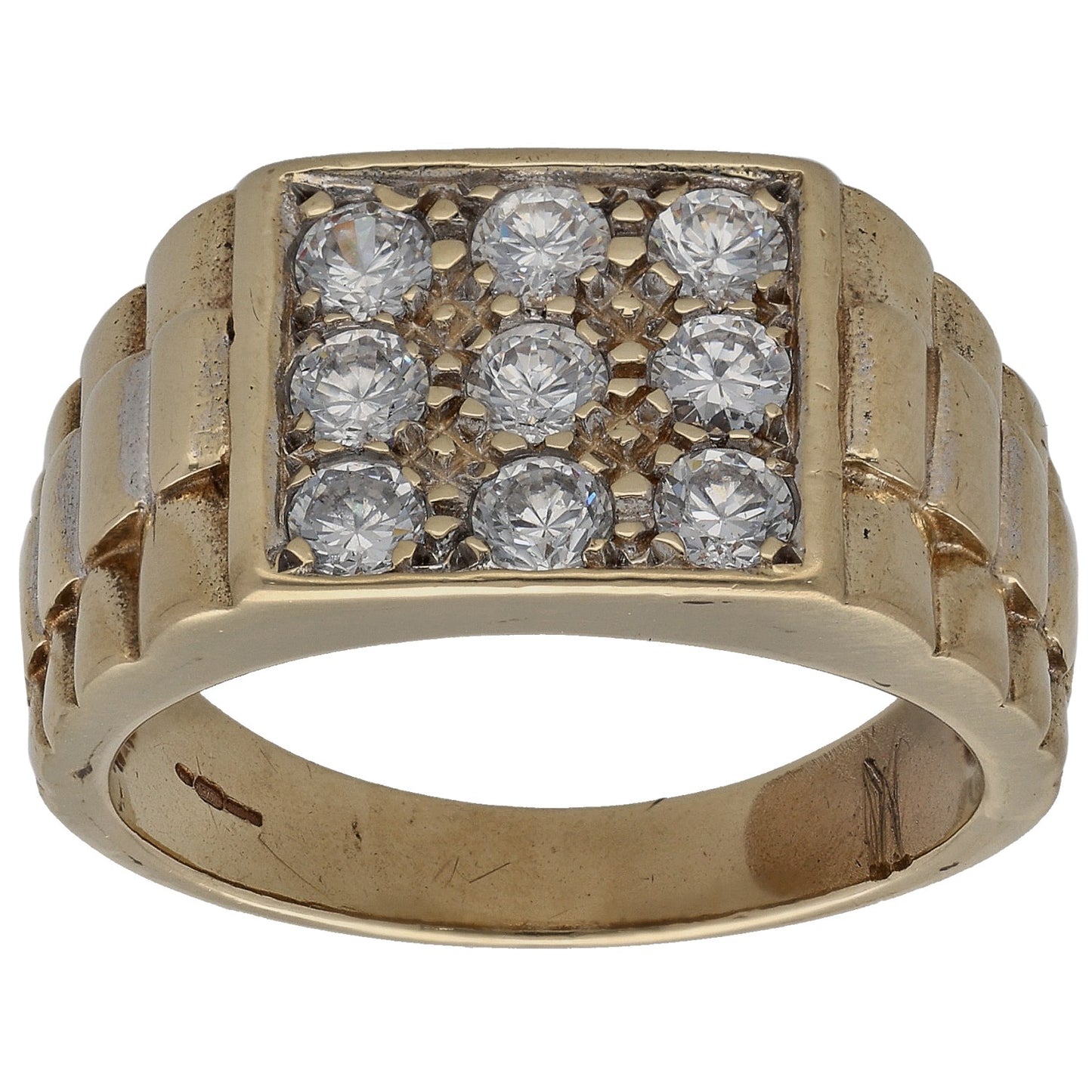 Gold signet ring with rectangular CZ grid and faceted stones