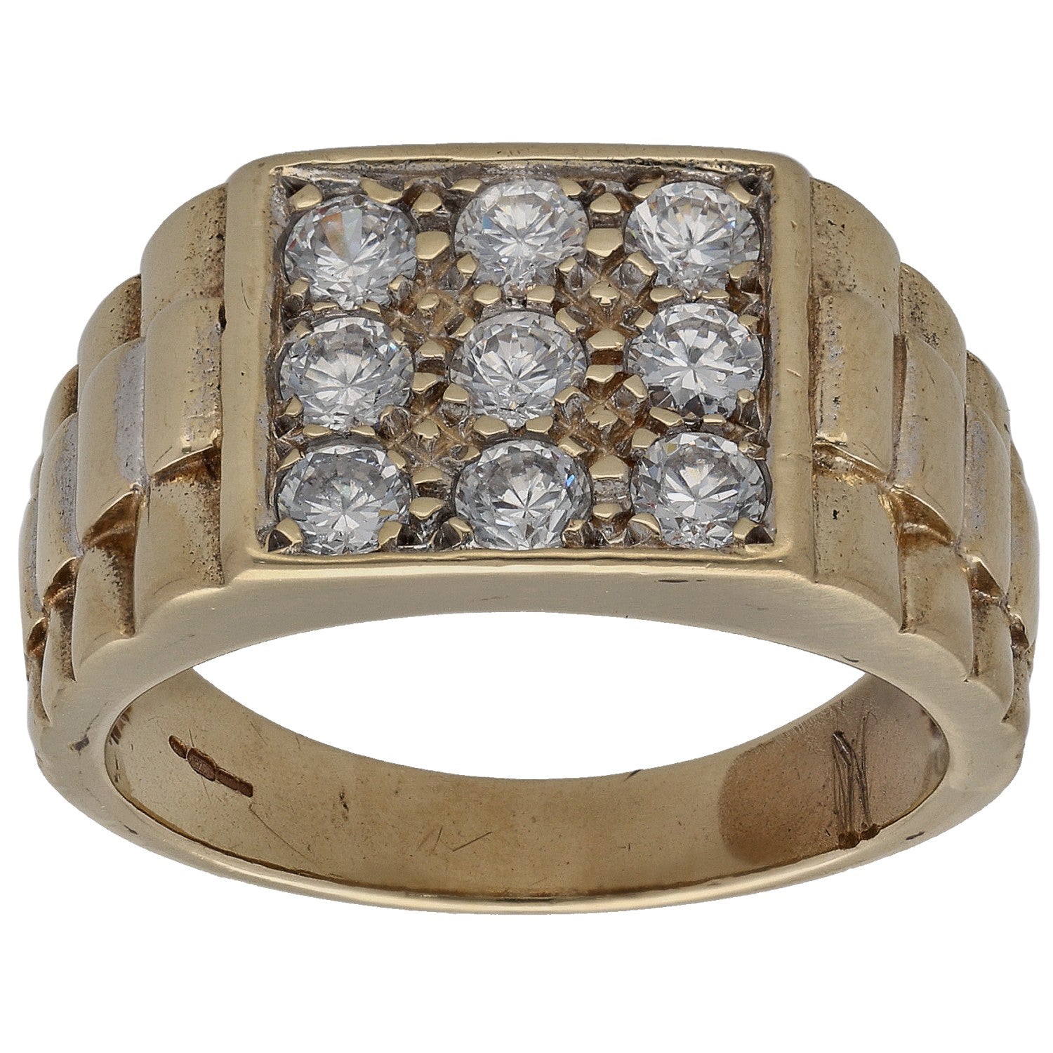 Gold signet ring with rectangular CZ grid and faceted stones