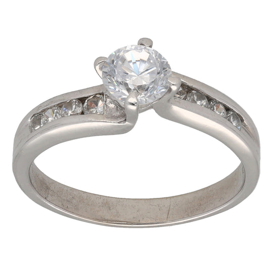 9ct White Gold Cubic Zirconia Single Stone Ring with Accent Stones Size M
