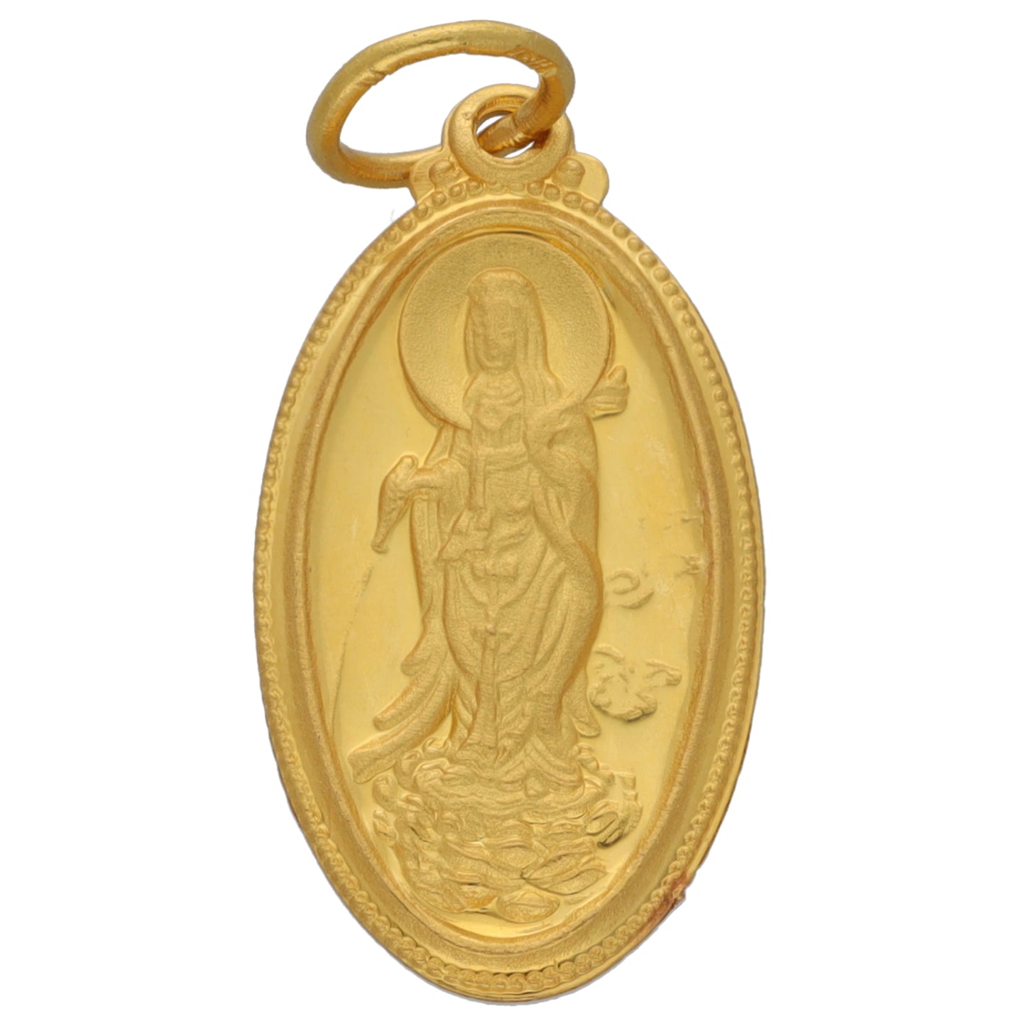 Gold religious pendant with embossed standing figure in oval frame