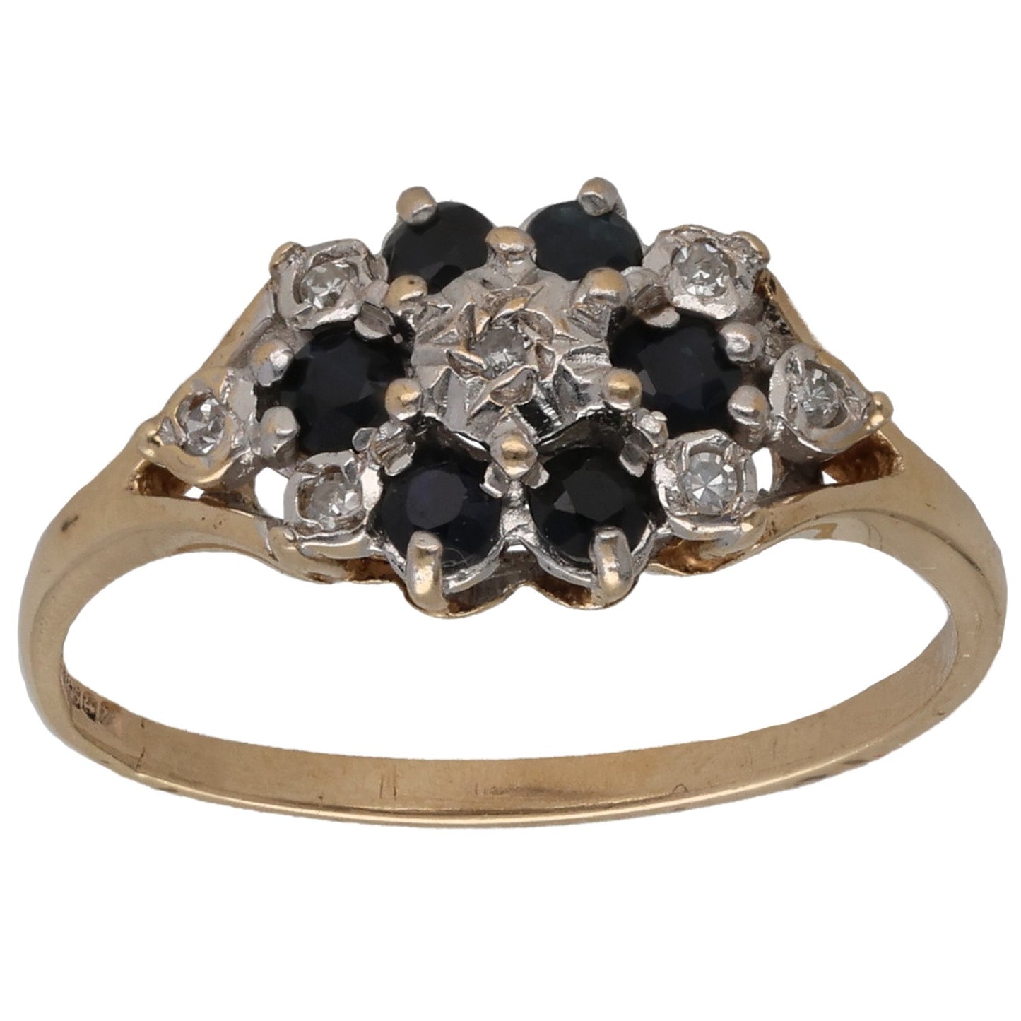 9ct Gold Sapphire & 0.07ct Diamond Cluster Ring Size L
