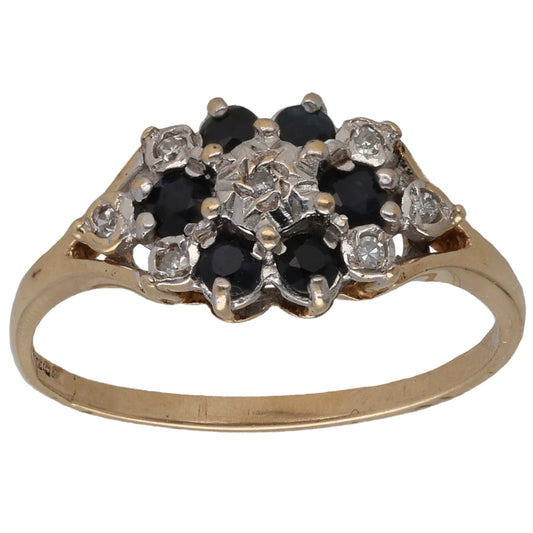 9ct Gold Sapphire & 0.07ct Diamond Cluster Ring Size L