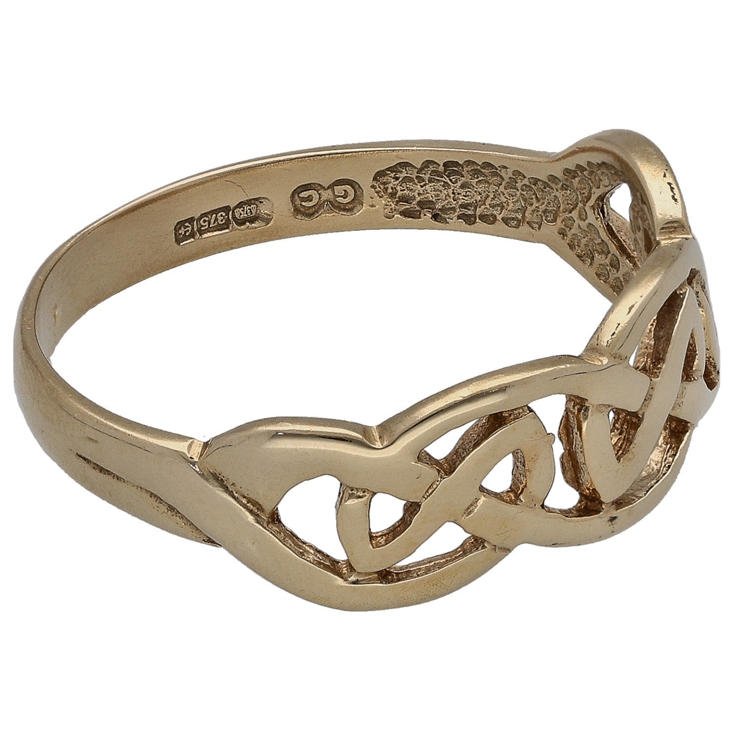 Gold alternative ring with side filigree engraving and openwork interlaced pattern