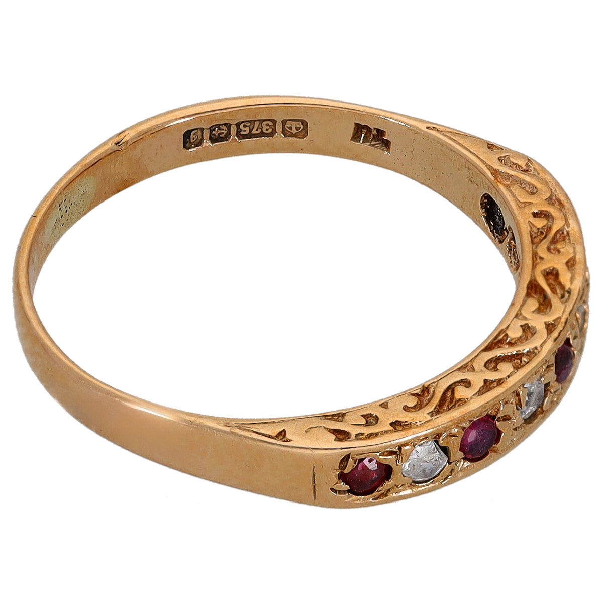 9ct gold half eternity ring side view with ruby red and clear CZ stones, engraved inside