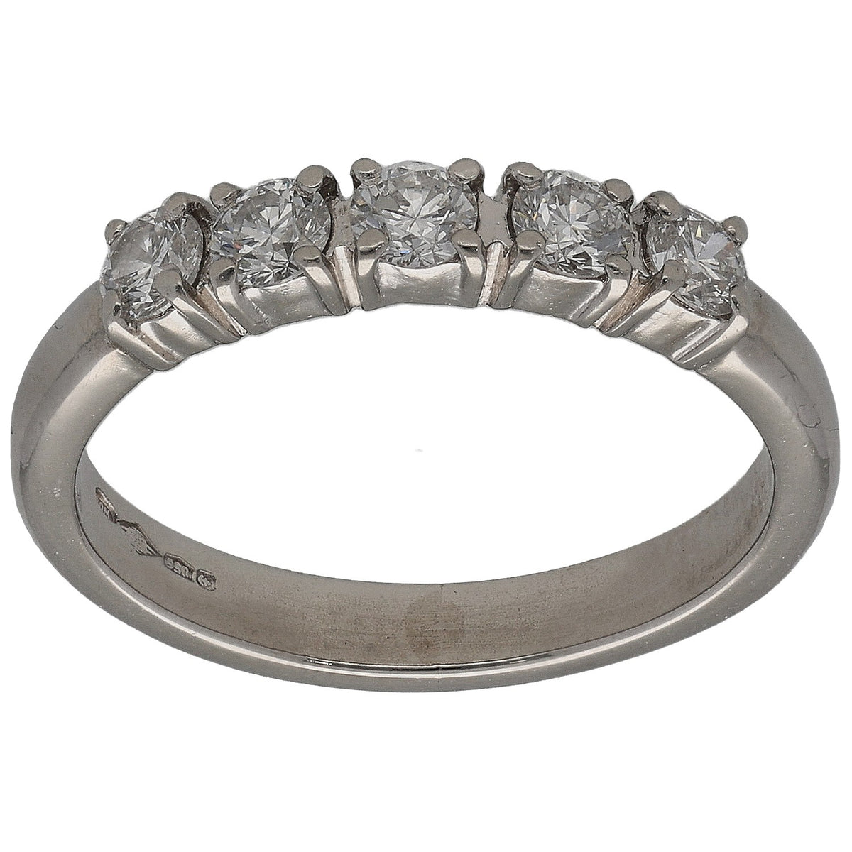 Platinum half-eternity ring with round white diamonds in a curved row, front view